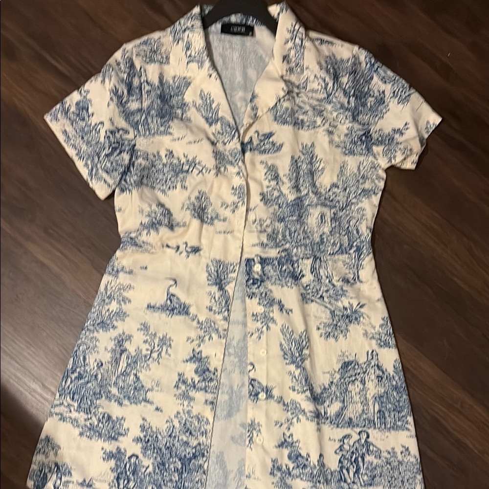 Cider Blue and White Notched Collar Mini Dress